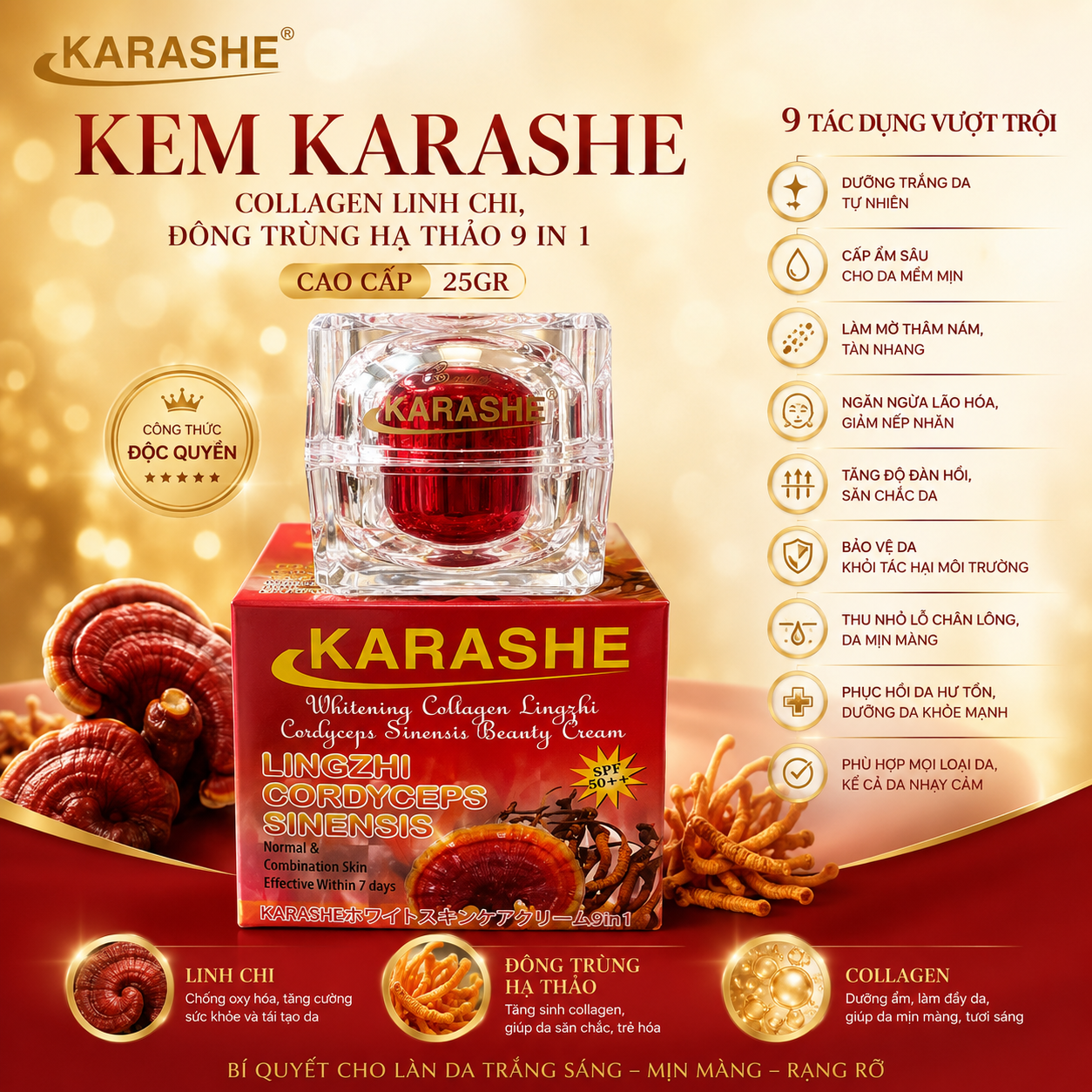 KEM KARASHE COLLAGEN LINH CHI, ĐÔNG TRÙNG HẠ THẢO 9 IN 1 CAO CẤP 25GR 2
