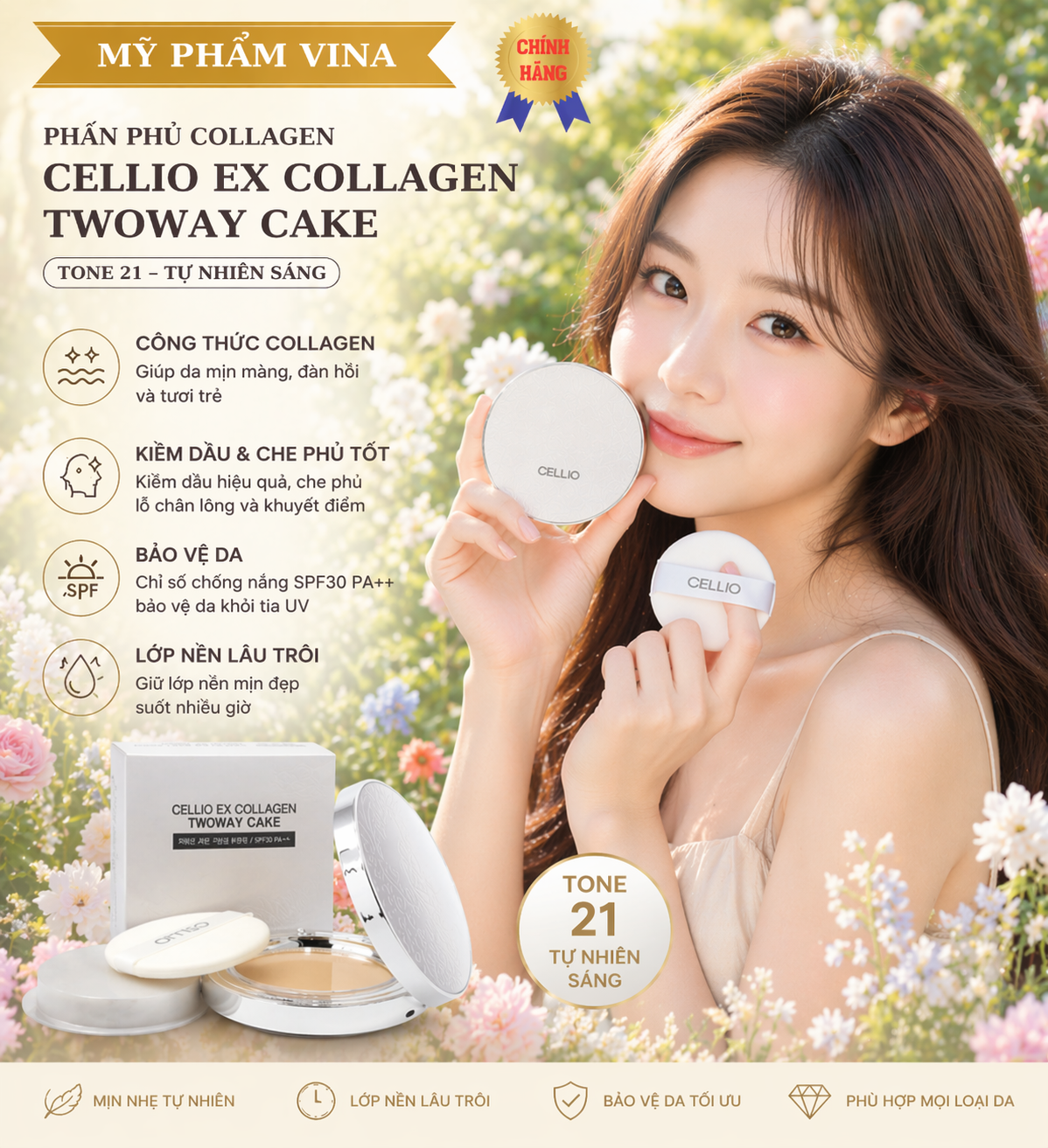 Phấn Phủ Cellio Ex Collagen Twoway Cake 13gr - tone 21 1
