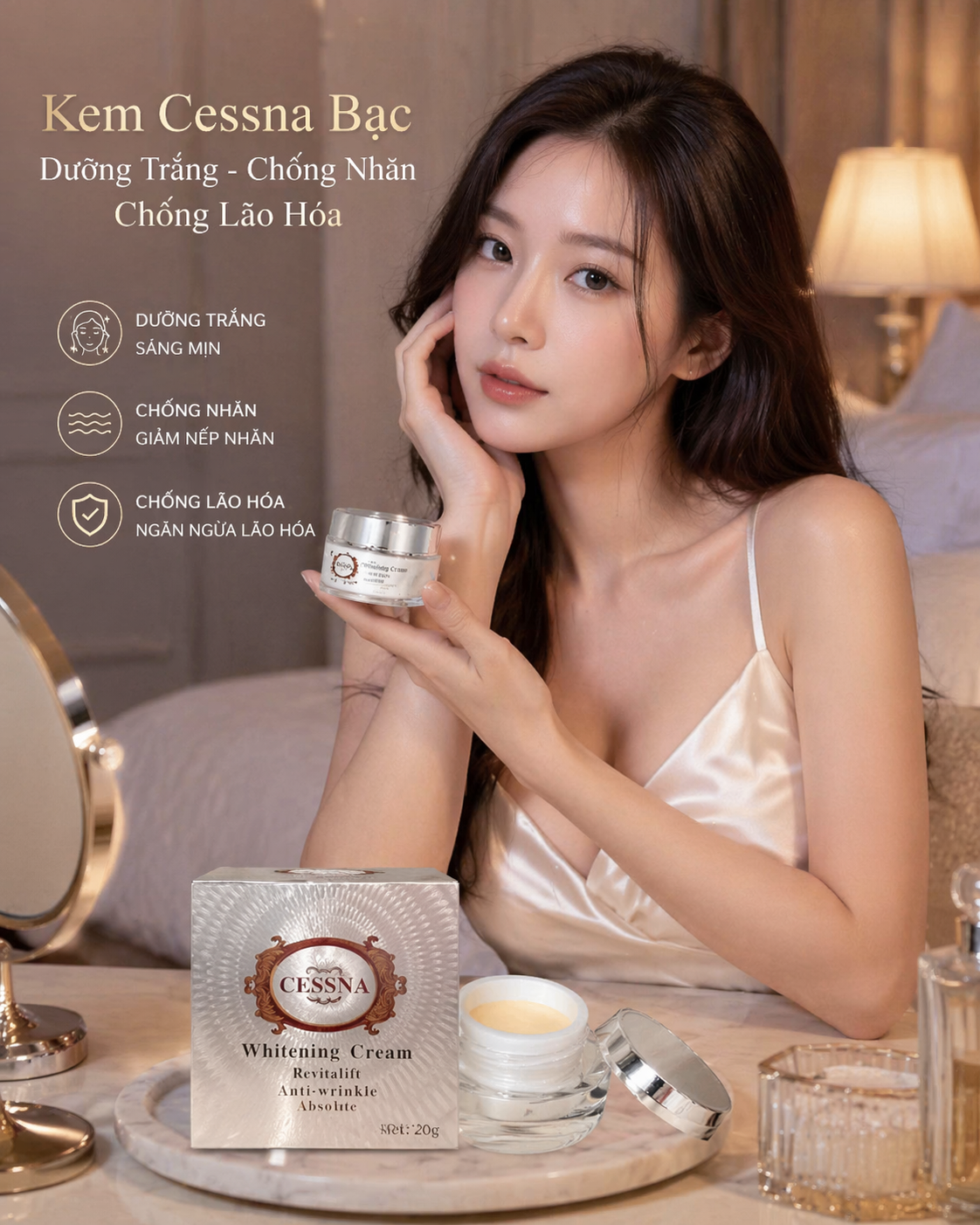 Kem dưỡng trắng da, giữ ẩm, chống nhăn, chảy xệ Cessna Whitening Cream - Bạc - 30g 1