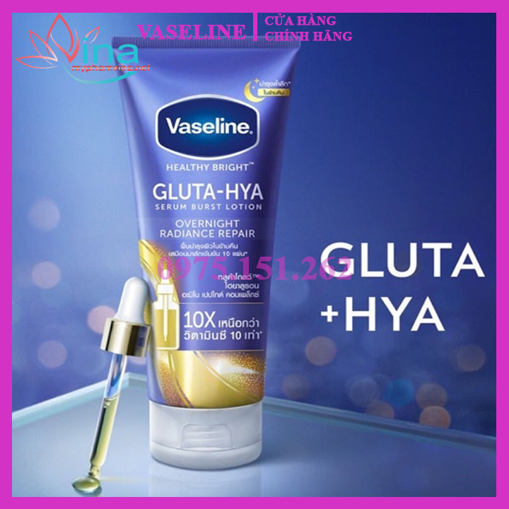 Sữa Dưỡng Thể Trắng Da Vaseline 10X Healthy Bright Gluta HYA Burst Over Night Thái Lan 330ml (Màu Xanh)