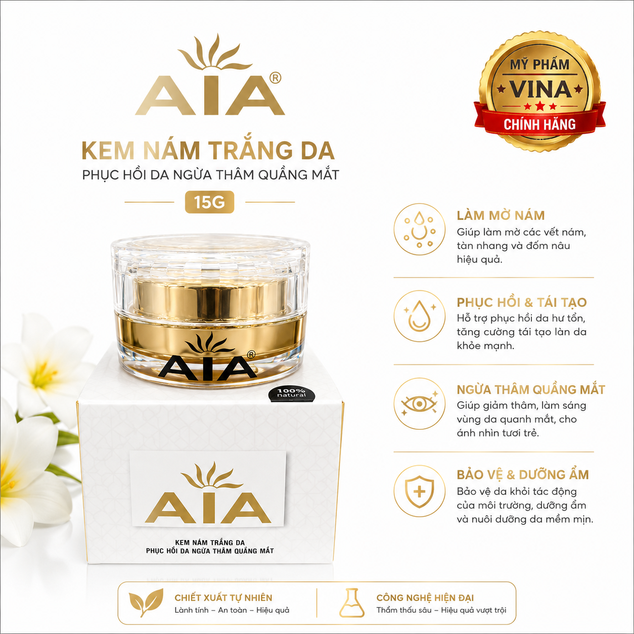 KEM AIA SẠCH NÁM TRẮNG DA PHỤC HỒI DA NGỪA THÂM QUẰNG MẮT 15GR 1