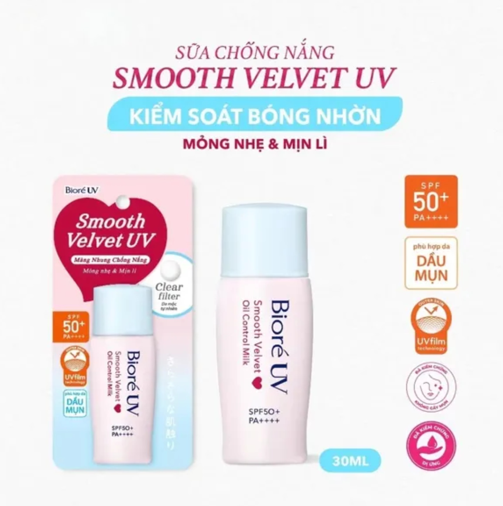 Sữa Chống Nắng Màng Nhung Kiểm Soát Bóng Nhờn Biore UV Smooth Velvet Oil Control Milk SPF50+ PA++++ 30ml 2