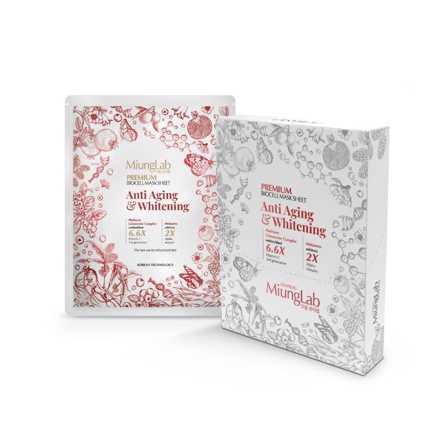 Hộp 10 miếng mặt nạ chống lão hóa, dưỡng trắng da LÁNYBEAU MiungLab Premium Anti-Aging & Whitening Biocell Mask Sheet (8+2) 2