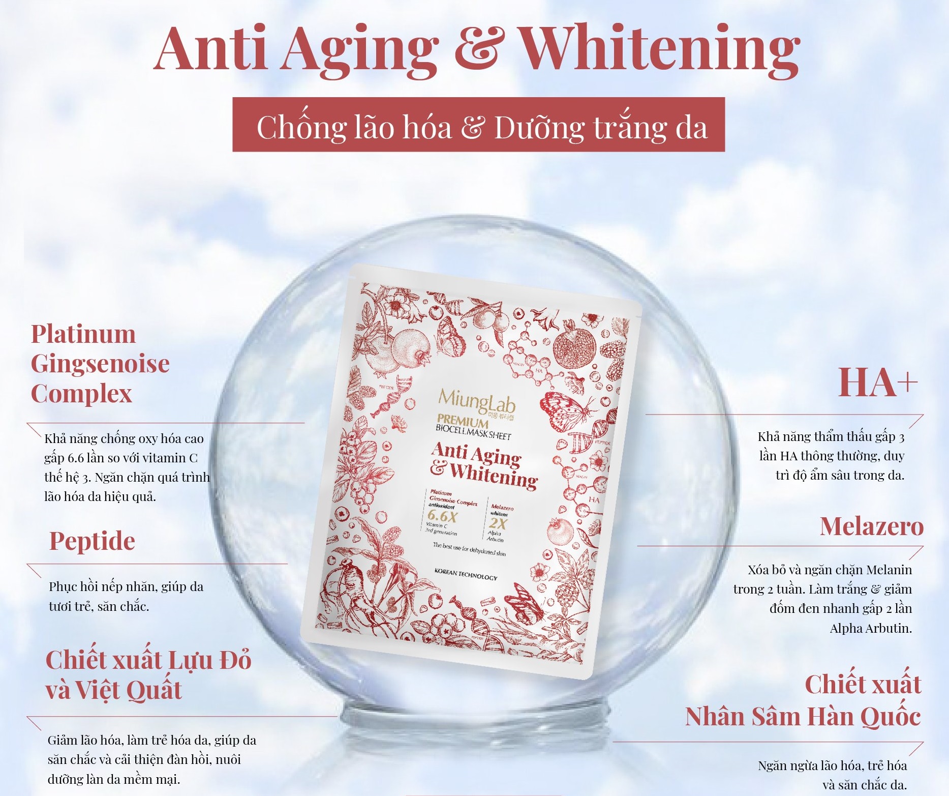 Hộp 10 miếng mặt nạ chống lão hóa, dưỡng trắng da LÁNYBEAU MiungLab Premium Anti-Aging & Whitening Biocell Mask Sheet (8+2) 1