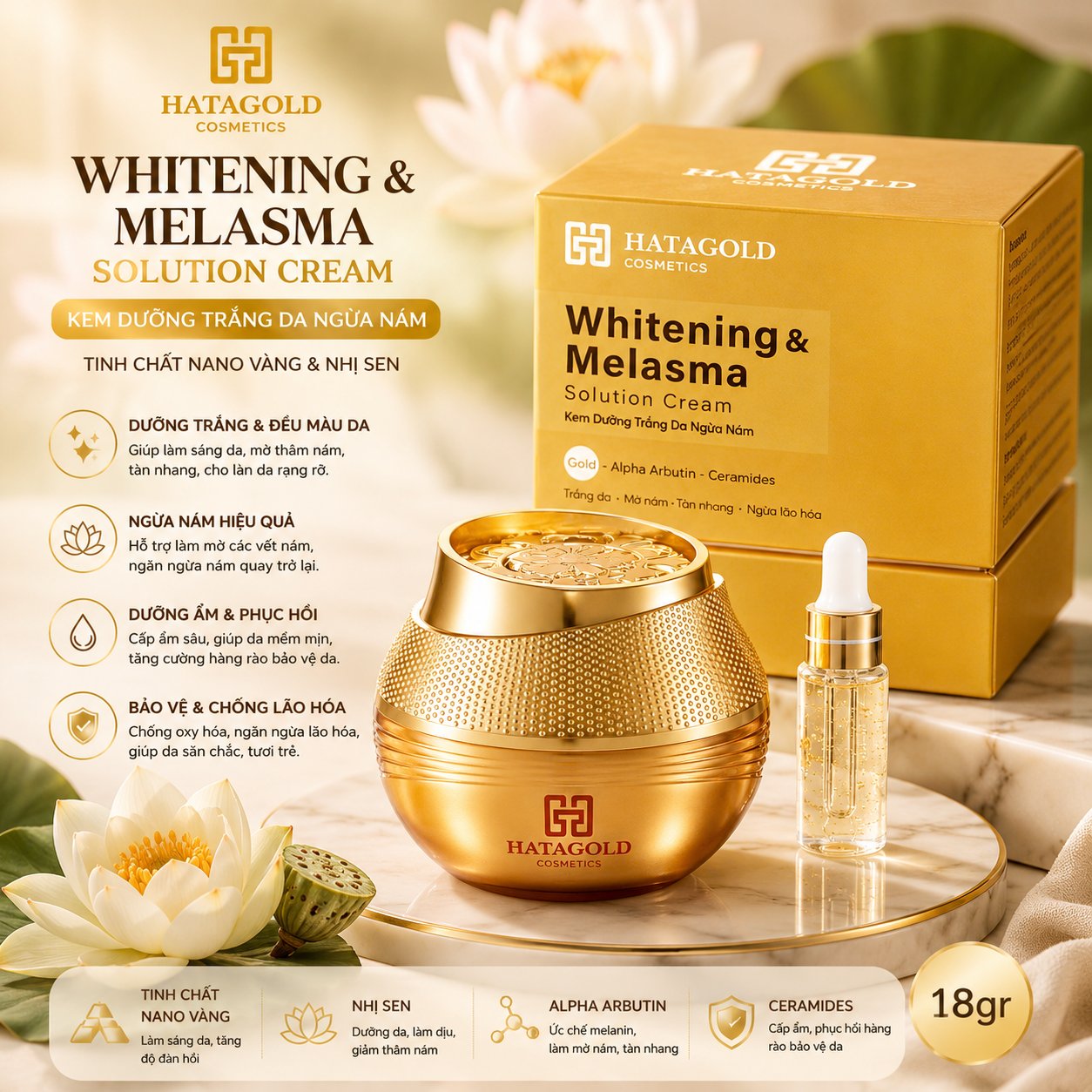 Kem Hatagold Trị Nám Dưỡng Trắng Da Tinh Chất Nano Vàng Và Nhị Sen - Whitening and Melasma Solution Cream - 18gr 2