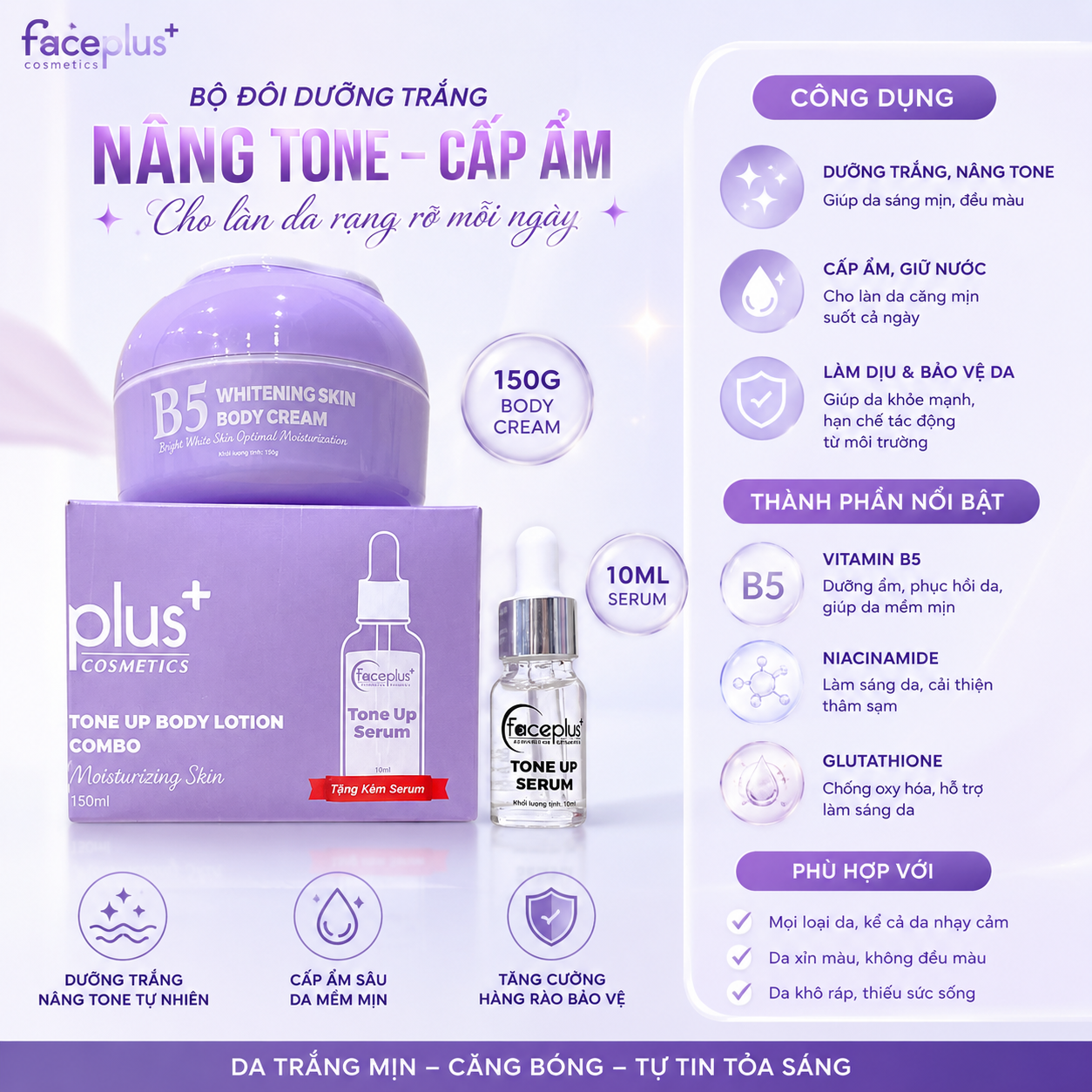 [TẶNG SERUM] Kem dưỡng trắng body Faceplus+ New B5 White Tone Up Body Lotion 150gr (tặng 2 mặt nạ faceplus) 1