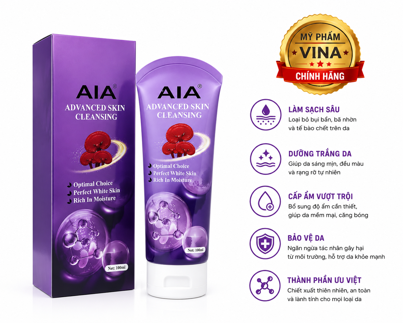 Sữa rửa mặt dưỡng trắng da AIA - Linh Chi 100ml ( màu tím) 1