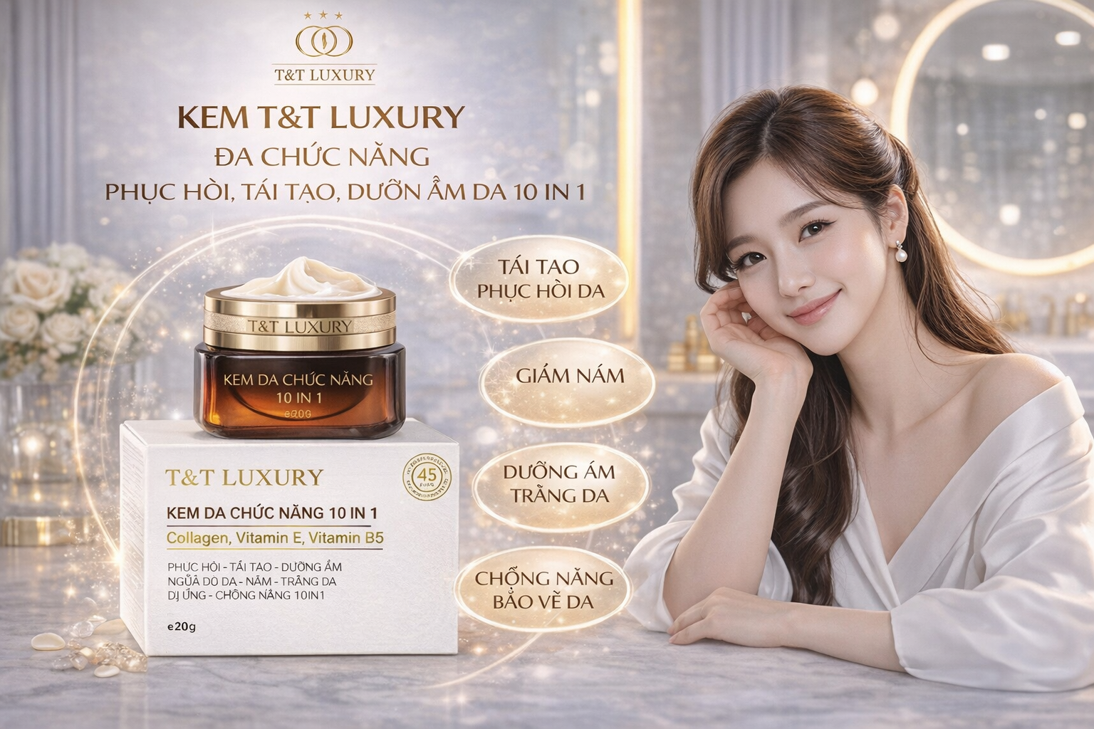 Kem T&T LUXURY đa chức năng 10 IN1 phục hồi - tái tạo - dưỡng ẩm - nám - trắng da - chống nắng SPF 45 PA++  20gr 1