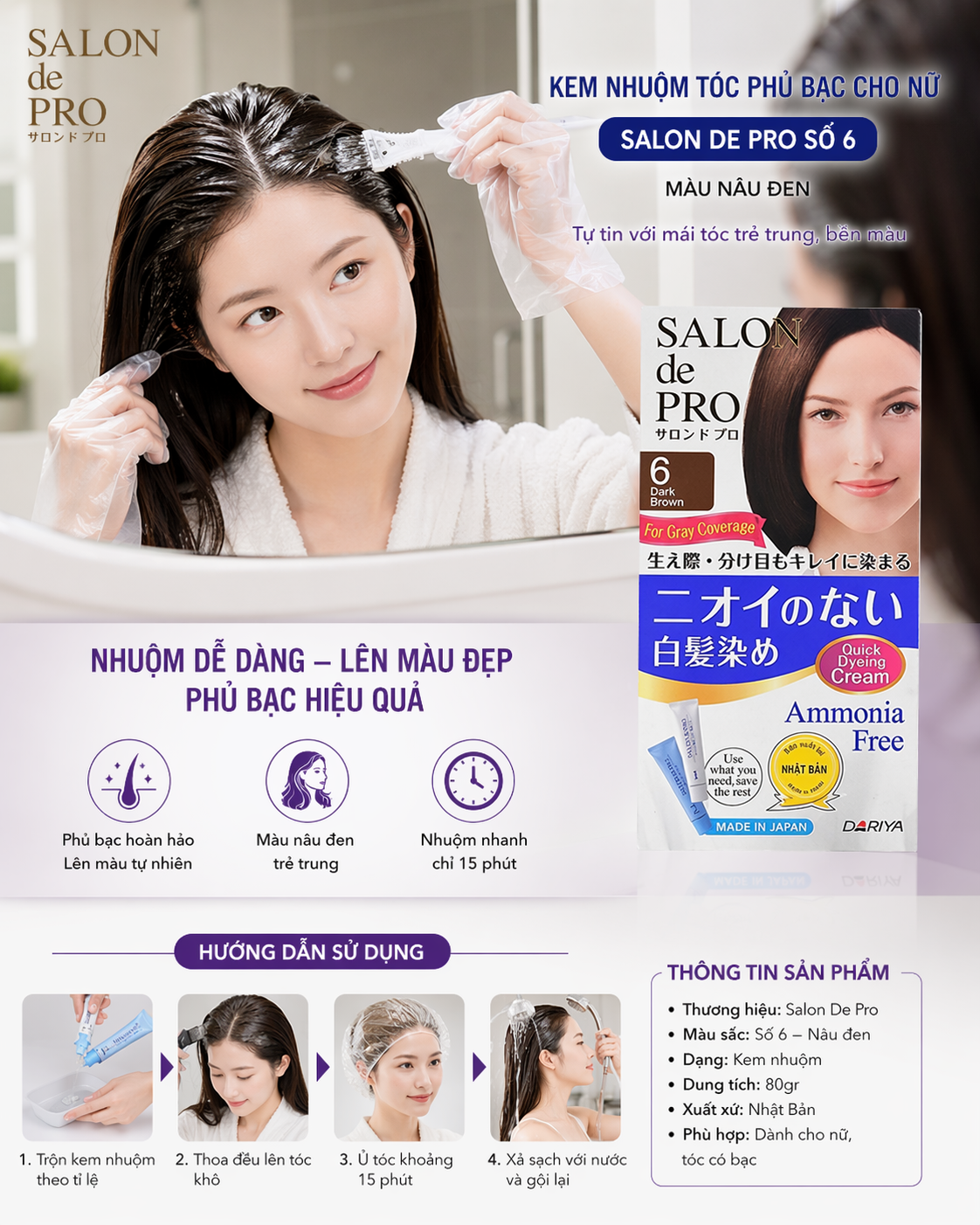 Kem Nhuộm Tóc Phủ Bạc Cho Nữ Salon De Pro - #6 (Dark Brown): Nâu đen 2