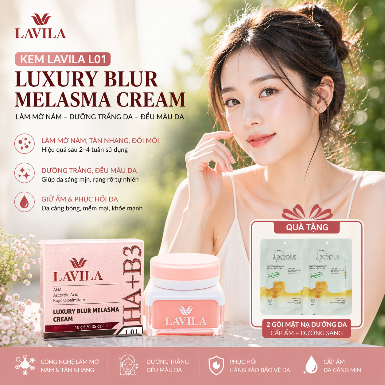Kem Lavila L01 Làm Mờ Nám, Tàn Nhang, Đồi Mồi, Dưỡng Trắng Da, Giữ Ẩm & Đều Màu Da 10g (tặng mặt nạ)) 1