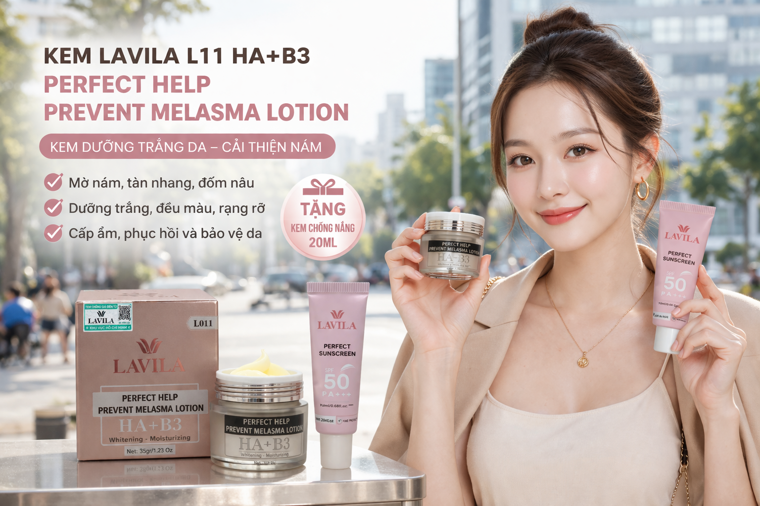 Kem Lavila L11 HA+B3 Perfect Help Prevent Melasma - Kem Dưỡng Trắng Cải Thiện Nám 35GR (tặng kem chống nắng 20ml) 1