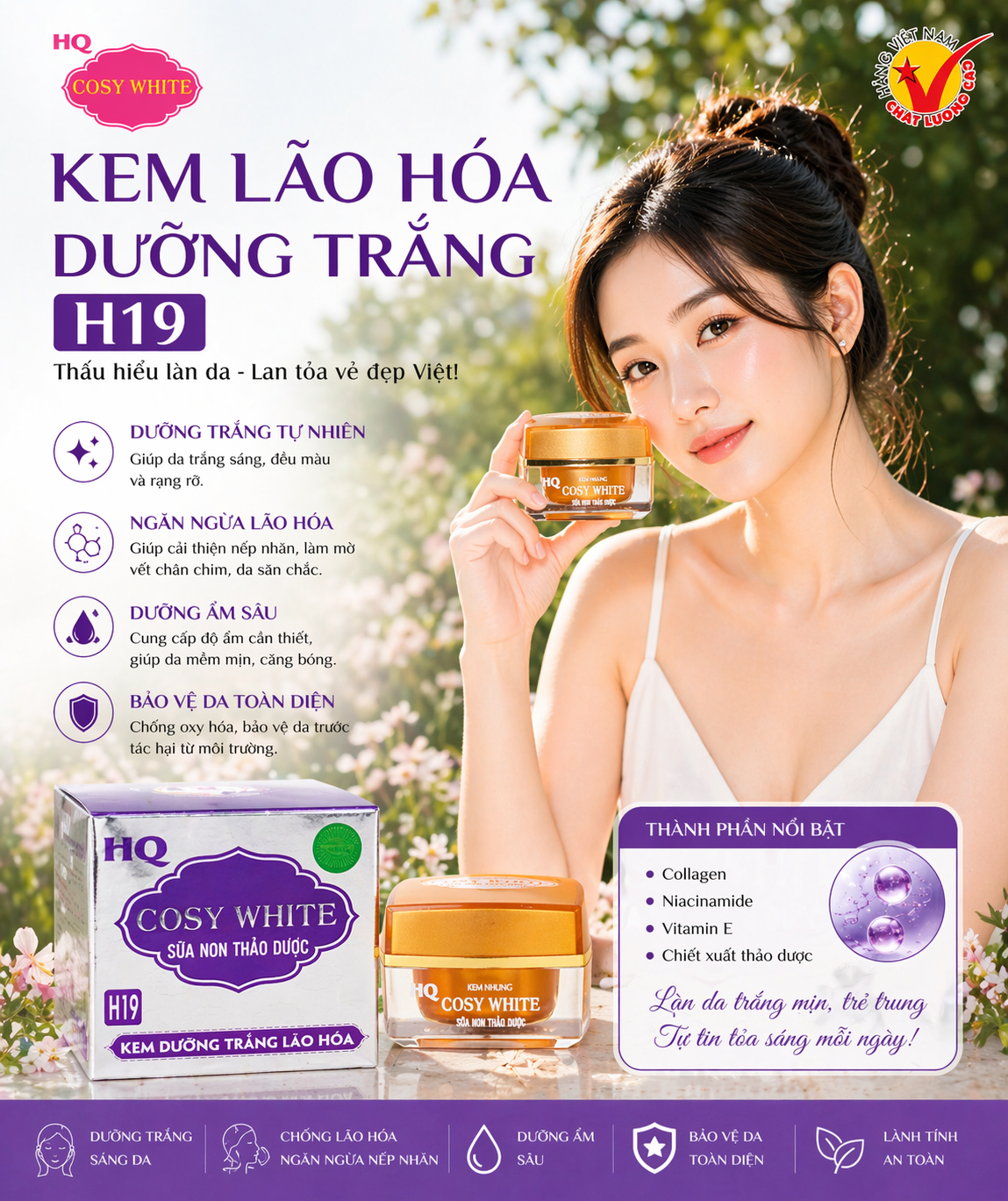 Kem HQ Cosy White H19 Dưỡng Trắng Da Ngừa Lão Hóa 19g 2