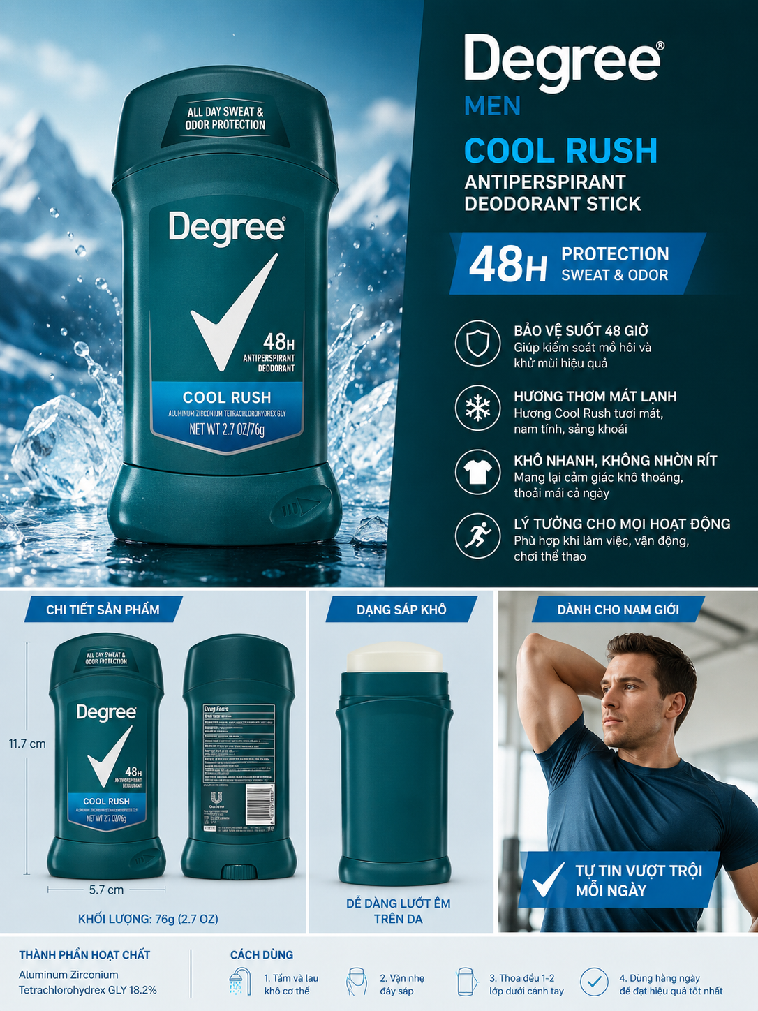 Sáp khử mùi cho nam Degree Men Cool Rush 48H Antiperspirant 76g 2